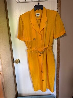 Leslie Fay Vibrant Yellow Button-Front linen Midi Dress